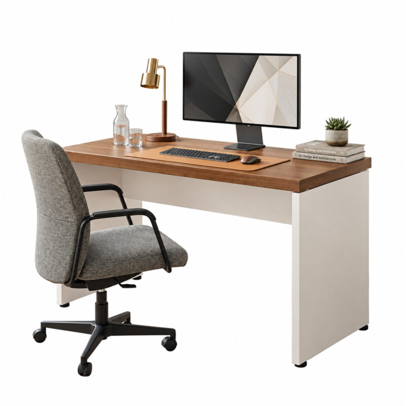 Mesa Sevilha e Champanhe com monitor, teclado e luminária, acompanhada de cadeira giratória estofada cinza.