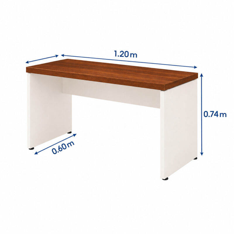 Mesa para escritório com medidas de 1,20 m de largura, 0,60 m de profundidade e 0,74 m de altura.