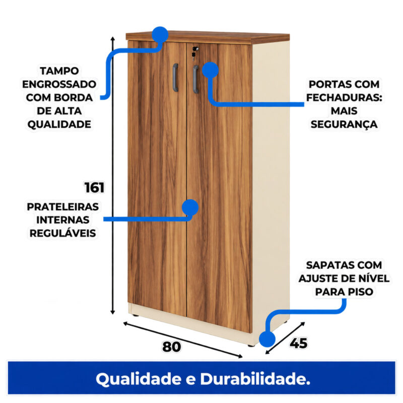 Diagrama do armário alto com altura de 161 cm, largura de 80 cm, profundidade de 45 cm e portas com fechadura.