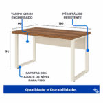 Mesa pé quadro com indicação de medidas, tampo de 40 mm, pés metálicos e sapatas com ajuste de nível.