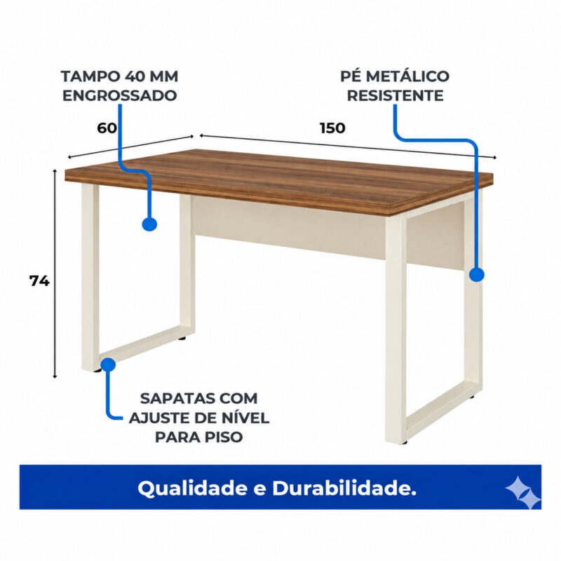 Mesa pé quadro com indicação de medidas, tampo de 40 mm, pés metálicos e sapatas com ajuste de nível.