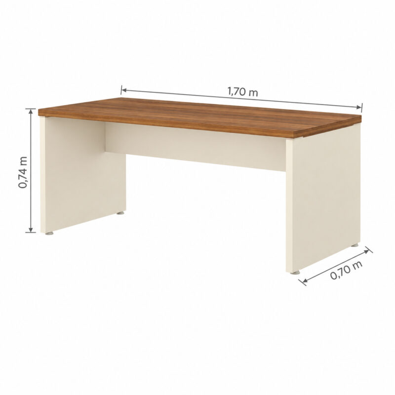 Mesa de escritório com medidas ilustradas de 1,70 m de largura, 0,70 m de profundidade e 0,74 m de altura.