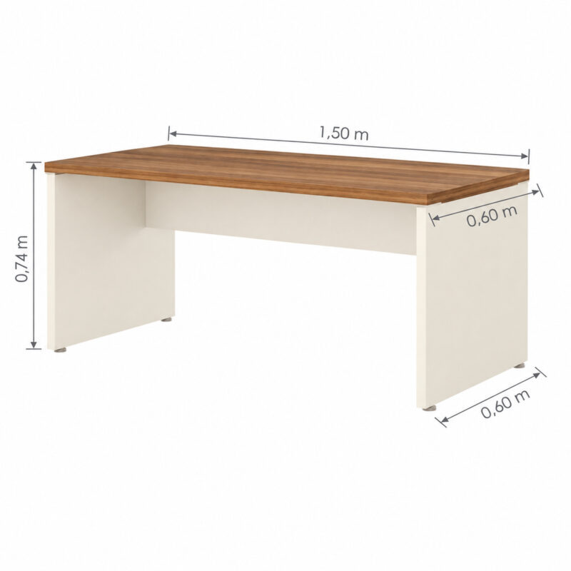 Mesa com marcações de 1,50 m de largura, 0,60 m de profundidade e 0,74 m de altura.