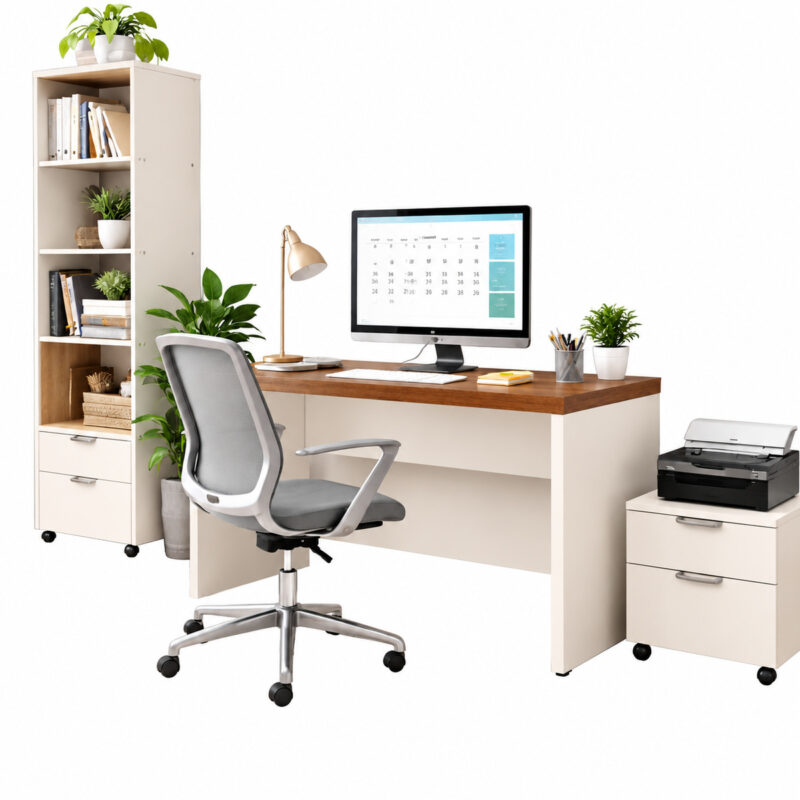 Mesa para escritório com computador e cadeira giratória cinza, acompanhada de estante, gaveteiro e impressora.