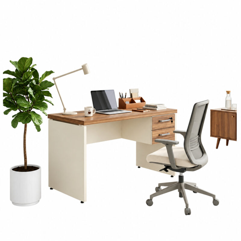 Mesa com duas gavetas, notebook e luminária, acompanhada de cadeira de escritório, planta e móvel auxiliar.