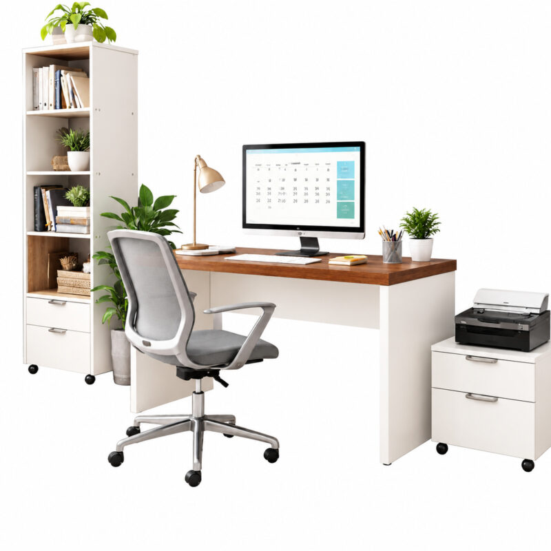 Mesa Sevilha e Champanhe com computador e cadeira giratória, acompanhada de estante e gaveteiro com impressora.