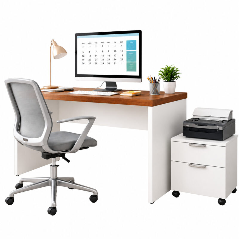 Mesa de escritório com computador, cadeira giratória e gaveteiro móvel separado com impressora sobre ele.