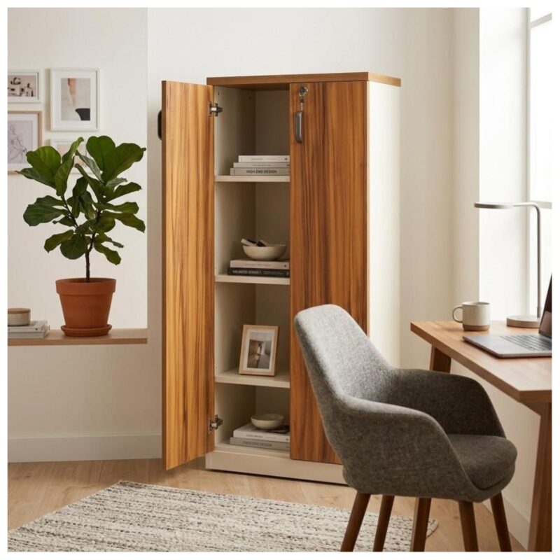 Armário alto com livros e objetos nas prateleiras em home office com planta, cadeira cinza e mesa amadeirada.