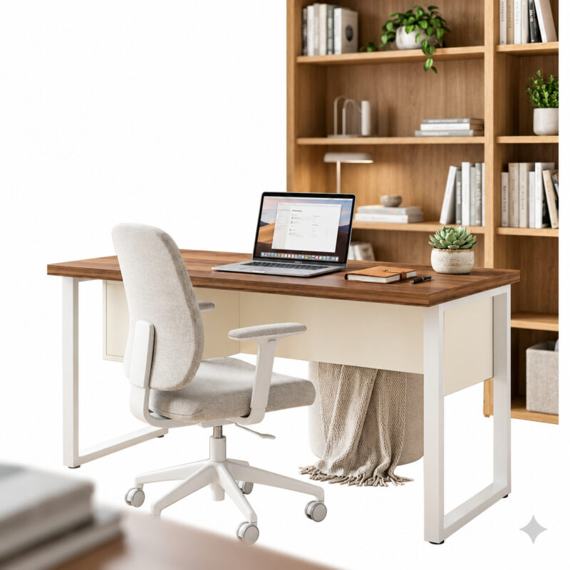 Mesa de escritório pé quadro com notebook, acompanhada de cadeira clara, plantas e estante com livros.