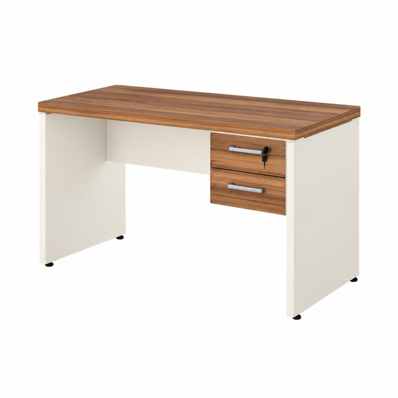 Mesa de escritório em perspectiva com duas gavetas fechadas, tampo Nogal Sevilha e pés painel Champanhe.