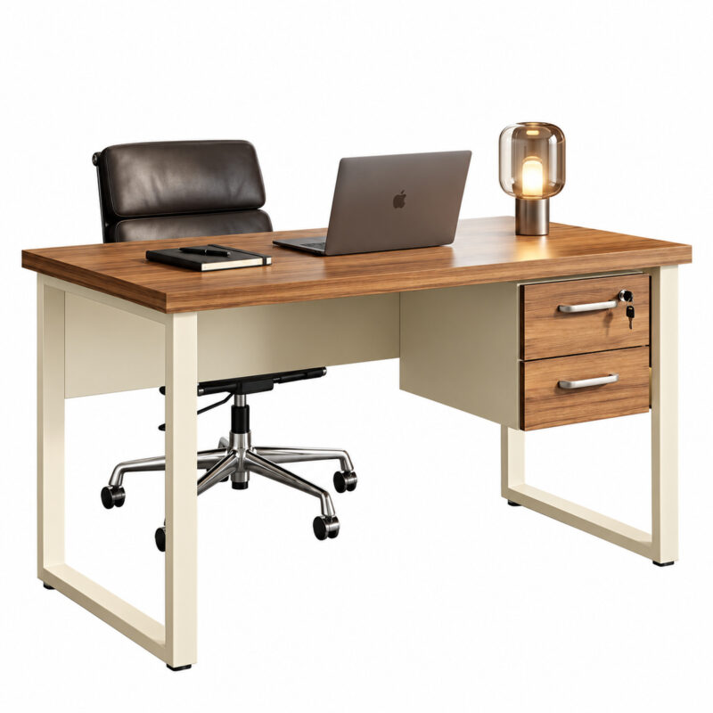 Mesa de escritório pé quadro com gavetas, notebook e luminária decorativa, acompanhada de cadeira preta.