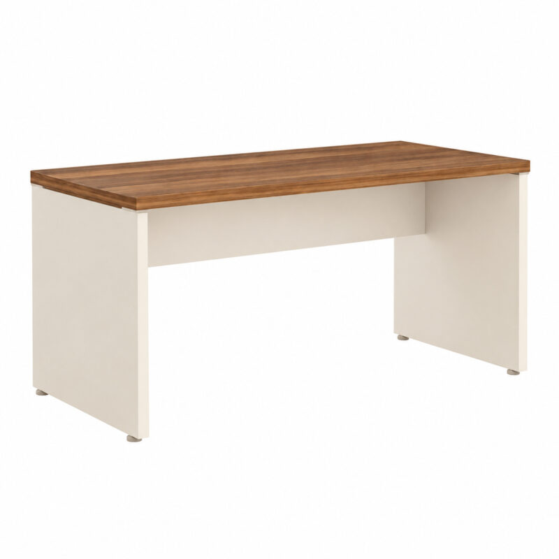 Mesa de escritório em perspectiva oposta, com tampo Nogal Sevilha, saia central e pés em painel Champanhe.