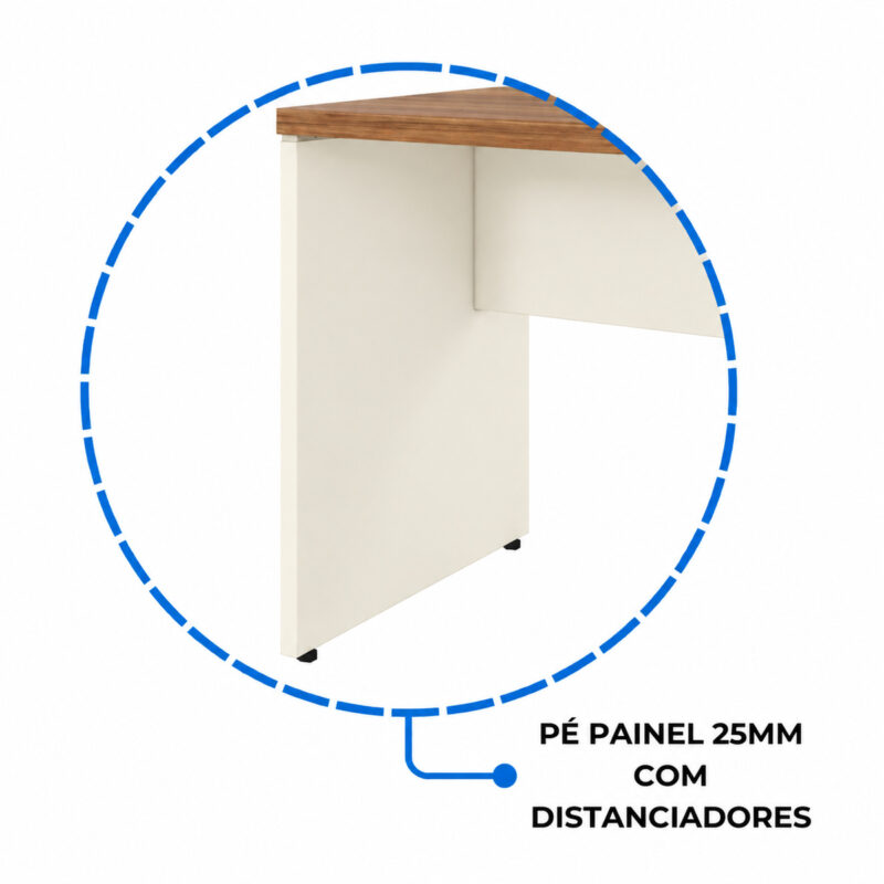 Mesa para escritório com destaque circular do pé em painel, identificado como 25 mm com distanciadores.