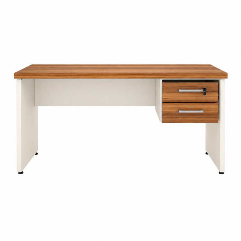 Vista frontal da mesa com duas gavetas à direita, tampo amadeirado e espaço livre abaixo do painel horizontal.
