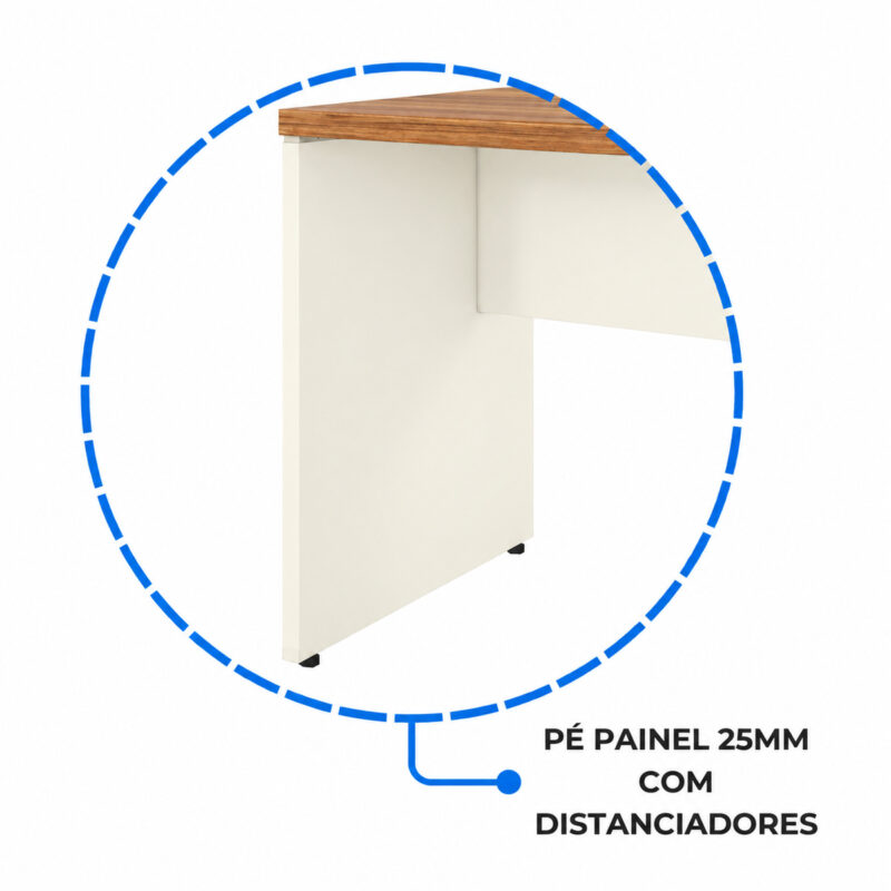 Pé em painel Champanhe destacado por círculo azul, com indicação de espessura de 25 mm e distanciadores sob o tampo.