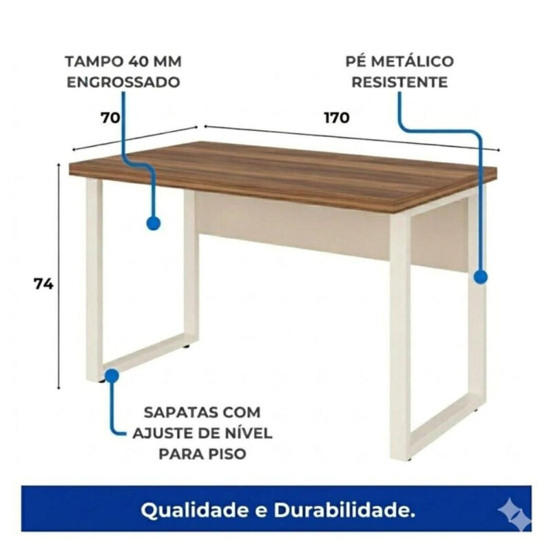Esquema da mesa com 170 cm de largura, 70 cm de profundidade, 74 cm de altura e indicação de tampo de 40 mm.