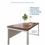 Mesa com planta, luminária e acessórios, acompanhada de texto que indica uso em escritório, home office e estudos.