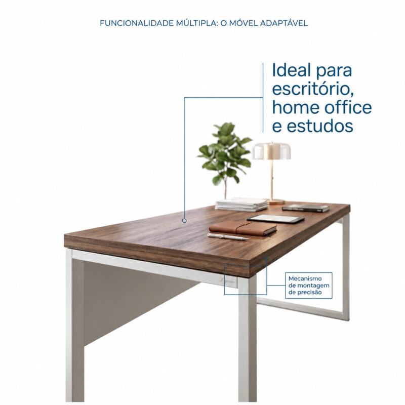 Mesa com planta, luminária e acessórios, acompanhada de texto que indica uso em escritório, home office e estudos.