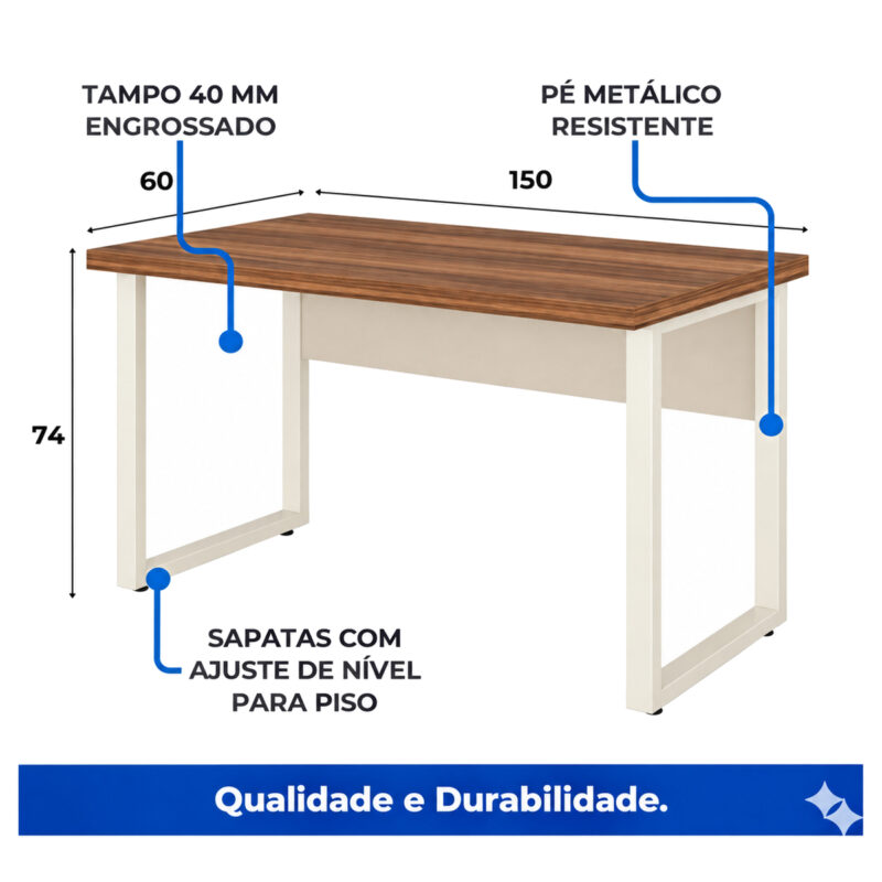 Mesa pé quadro com medidas de 150 × 60 cm e altura de 74 cm, destacando tampo de 40 mm e sapatas niveladoras.