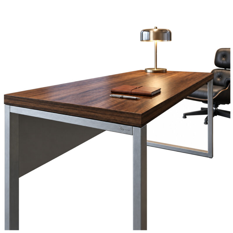 Mesa pé quadro em perspectiva, com luminária metálica e cadernos no tampo, além de cadeira preta ao fundo.