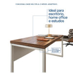 Mesa pé quadro com luminária e acessórios, acompanhada de textos sobre uso em escritório, home office, estudos e montagem.