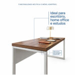 Mesa pé quadro com luminária e acessórios, acompanhada de texto que indica uso em escritório, home office e estudos.