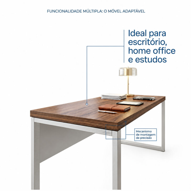 Mesa pé quadro com luminária e acessórios, acompanhada de texto que indica uso em escritório, home office e estudos.