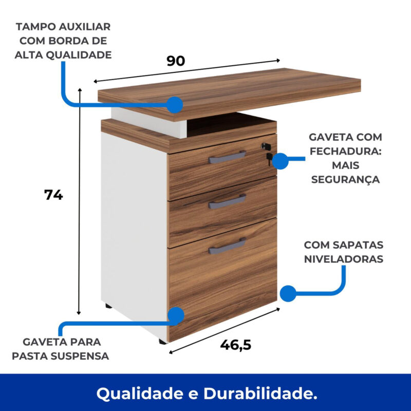 Ilustração da mesa auxiliar com tampo de 90 cm, altura de 74 cm e gaveteiro de 46,5 cm de largura, com indicação de fechadura e sapatas niveladoras.