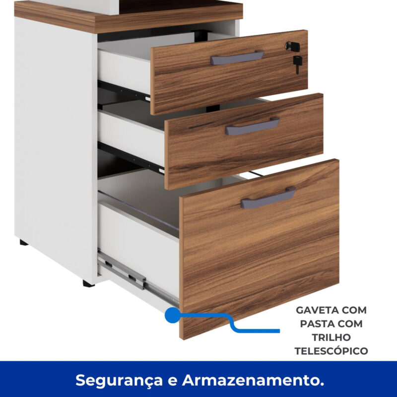 Gaveteiro pedestal com três gavetas abertas, frentes amadeiradas, puxadores metálicos e suportes para pasta suspensa na gaveta inferior.