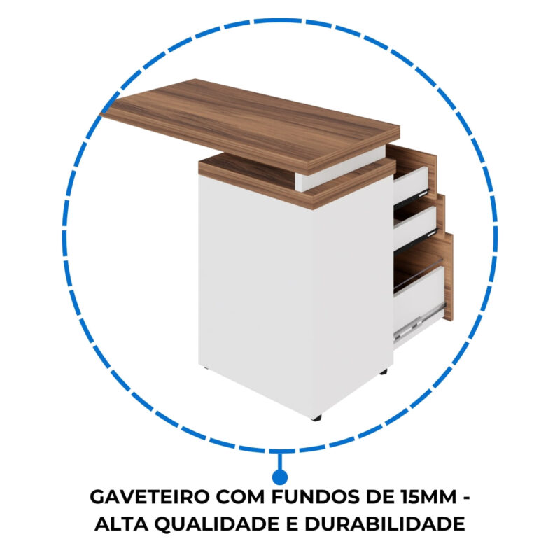 Vista posterior em perspectiva da mesa auxiliar, com painel claro do gaveteiro, tampo amadeirado e gavetas abertas ao lado.