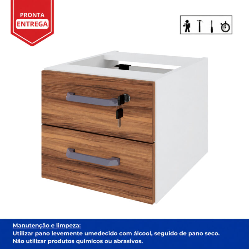 Gaveteiro de duas gavetas com frentes amadeiradas, estrutura clara e quadro com orientações de manutenção e limpeza.