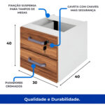 Medidas do gaveteiro suspenso com duas gavetas Diagrama do gaveteiro suspenso com cotas de 30 cm de largura, 40 cm de altura e 40 cm de profundidade.