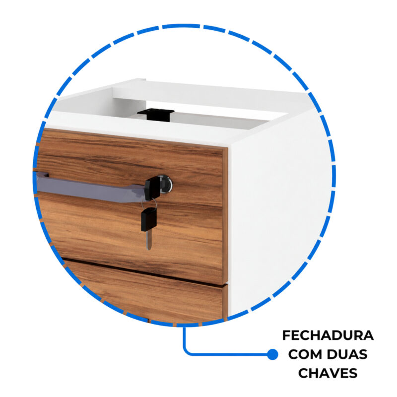 Detalhe da gaveta superior amadeirada com puxador metálico e fechadura com duas chaves, destacado por círculo azul.