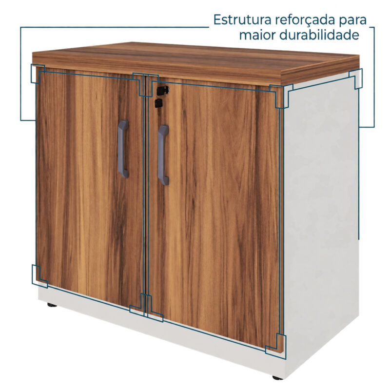 Armário baixo com portas fechadas em ilustração com linhas que destacam o tampo, os cantos e os painéis da estrutura.