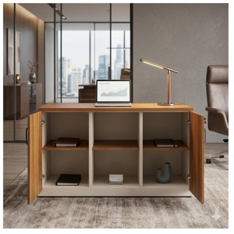 Armário credenza com portas abertas, livros e objetos em escritório com notebook, luminária, cadeira e tapete.