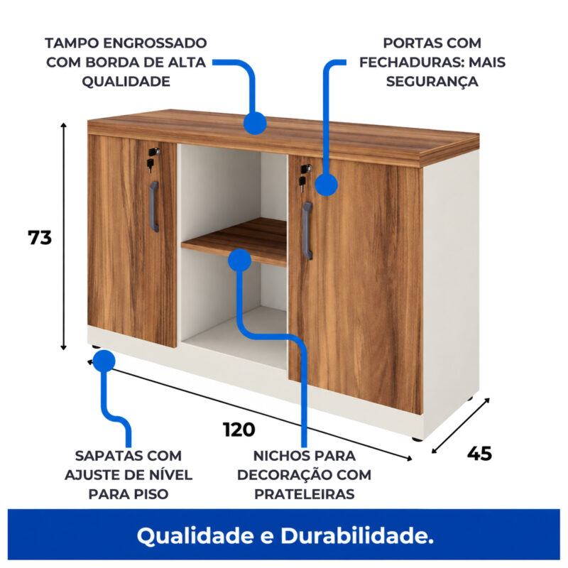 Diagrama do armário credenza com 120 cm de largura, 45 cm de profundidade e 73 cm de altura, com portas e nicho.