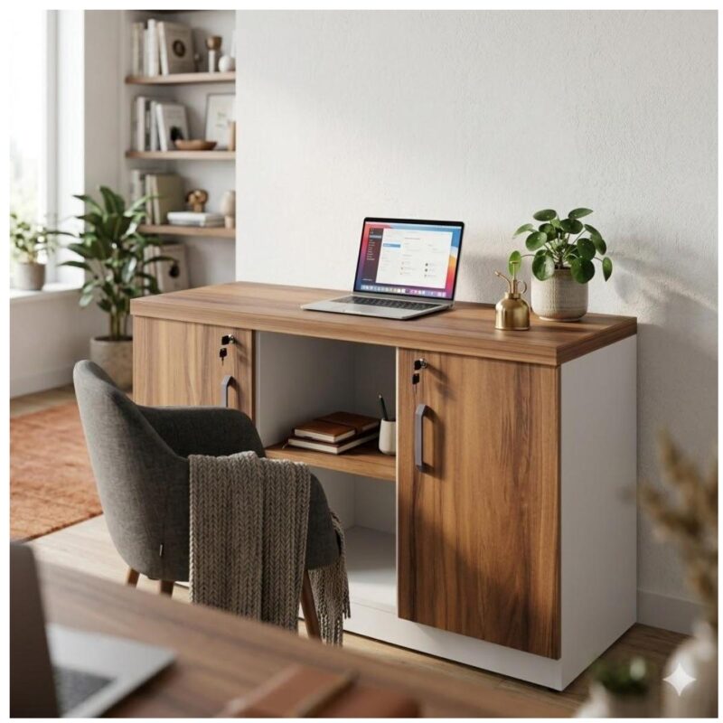 Armário credenza com portas fechadas e nicho central com livros em home office com notebook, plantas e cadeira.