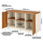 Armário credenza com portas abertas e indicações de medidas, dobradiças, prateleiras, puxadores, fechadura e pés.