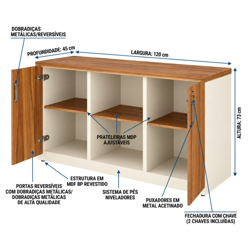 Armário credenza com portas abertas e indicações de medidas, dobradiças, prateleiras, puxadores, fechadura e pés.