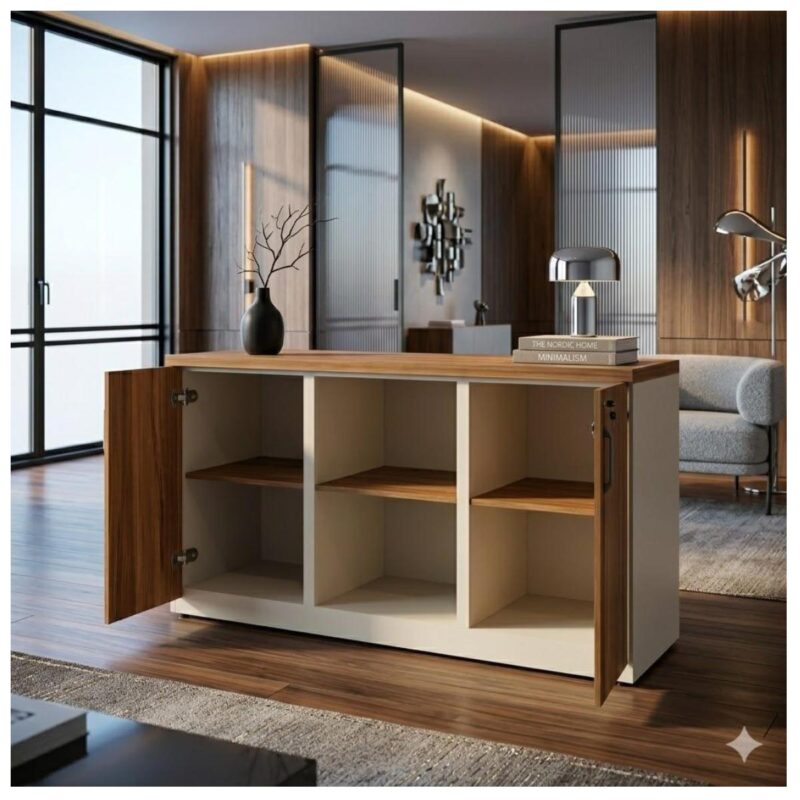Armário credenza com duas portas abertas em sala com janelas amplas, sofá, tapete e objetos decorativos sobre o tampo.