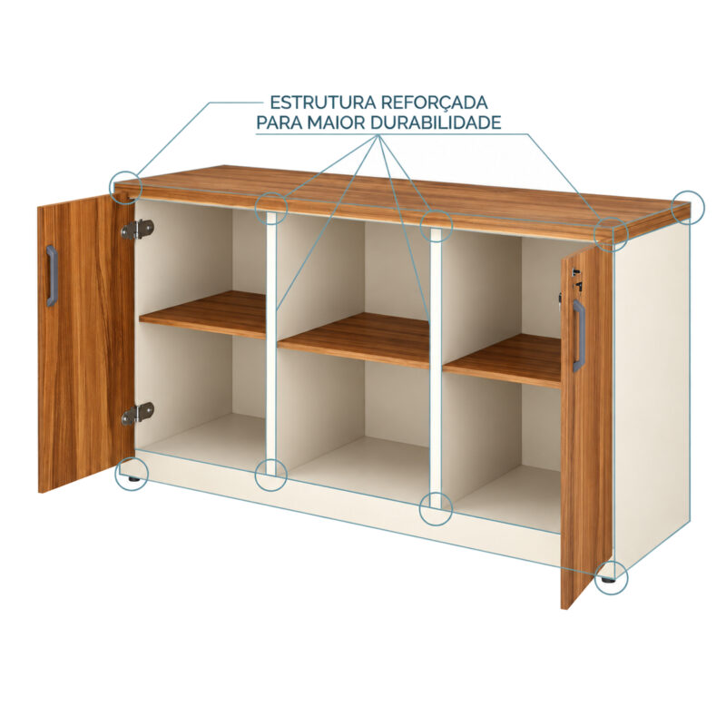 Armário credenza com portas abertas e marcações gráficas nas bordas, divisórias e base para destacar a estrutura.