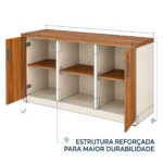 Diagrama do armário credenza aberto com linhas sobre o tampo, as divisórias e a base, destacando sua estrutura.