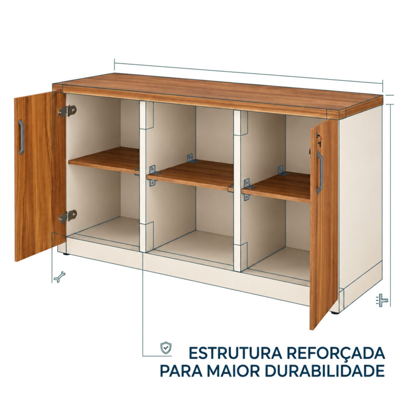 Diagrama do armário credenza aberto com linhas sobre o tampo, as divisórias e a base, destacando sua estrutura.