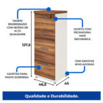 Dimensões ilustradas do arquivo com quatro gavetas Diagrama do arquivo com quatro gavetas, altura de 127,5 cm, largura de 46,5 cm e profundidade de 45 cm.