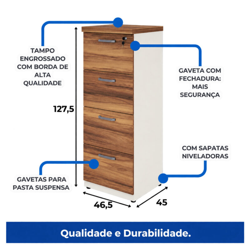 Diagrama do arquivo com quatro gavetas, altura de 127,5 cm, largura de 46,5 cm e profundidade de 45 cm.