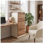 Arquivo de quatro gavetas ao lado da mesa de trabalho Arquivo de quatro gavetas ao lado de mesa com notebook e livros, em home office com planta e poltrona clara.