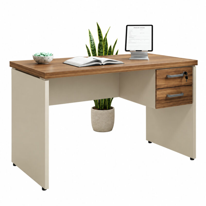 Mesa Sevilha e Champanhe com duas gavetas, monitor, livro aberto e acessórios, acompanhada de planta em vaso.