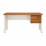Mesa executiva com duas gavetas — vista frontal Vista frontal da mesa executiva Sevilha e Champanhe, com duas gavetas fechadas à direita da imagem.