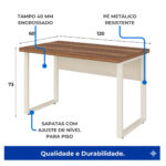 Esquema de mesa pé quadro sem gavetas visíveis, com cotas 120, 60 e 73 e destaques para tampo e sapatas.