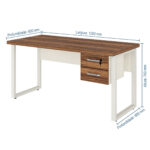 Mesa pé quadro com duas gavetas e cotas de 1200 mm de largura, 600 mm de profundidade e 740 mm de altura.